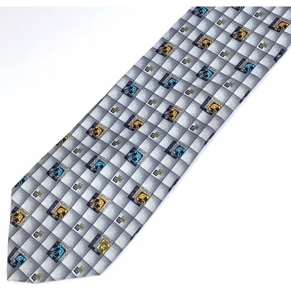 GIANNI VERSACE Vintage 90s Tie Baroque Flower Medusa Grey Squares Plaid Necktie - Picture 8 of 12